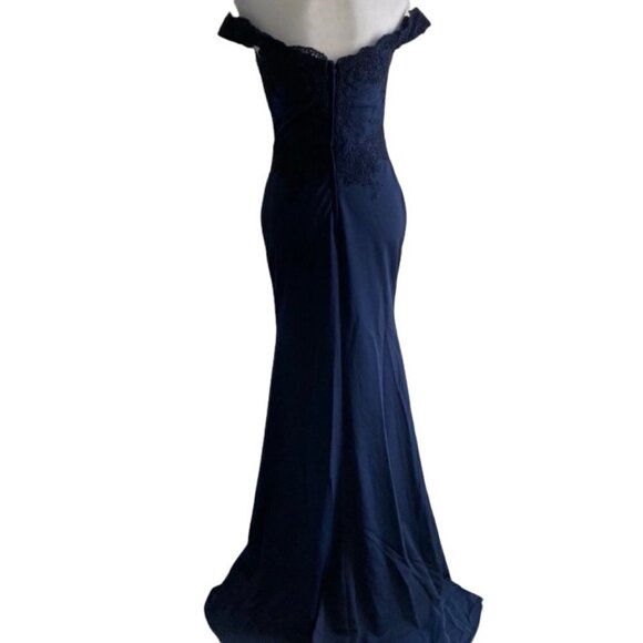Long Navy Off the Shoulder Lace Prom Formal Dress US XS - Picture 3 of 7